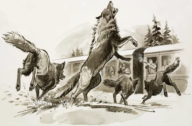 I passeggeri di un treno innevato combattono contro i lupi affamati (gouache su carta)