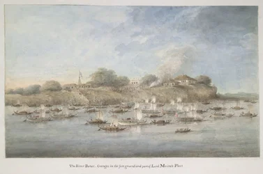 La flottiglia di Lord Hastings sul fiume, con molte budgerows pinnace