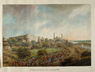 Il gruppo di Lord Hastings entra nella città di Lucknow a dorso di elefante, c.1814-15