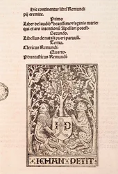 Pagina del codice "De Laudibus Beatissimae Virginis Mariae" di Ramon Llull (1235-1315), raffigurante due leoni che tengono lo stemma del tipografo Jehan Petit
