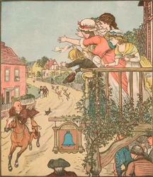 John Gilpin galoppa oltre il Bell Inn mentre sua moglie e i suoi figli salutano dal balcone, 1878, c1918