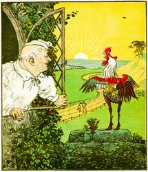 "Questo è il gallo che cantò al mattino, che svegliò il giudice tutto rasato", illustrazione da La casa che Jack costruì