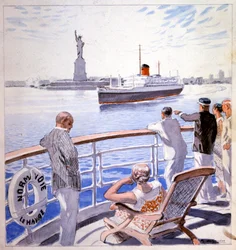 Trasporto. Marina. Arrivo del transatlantico Le Normandie nel porto di New York. Illustrazione di Raoul du Gardier