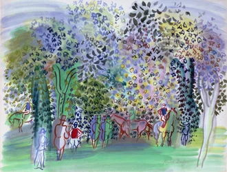 Cavalli e fantini sotto gli alberi, 1930-1 circa (acquerello)