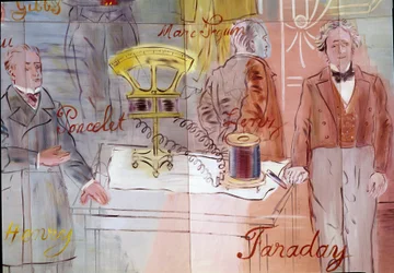 La Fee Electricite, particolare: Ritratti di Jean Victor Poncelet, Marc Seguin, Michael Faraday. 1937 (dipinto)