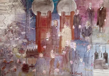 La Fee Electricite, particolare: Ritratti di Johann Wilhelm Hittorf, Heinrich Geissler, Henry Moseley, Pierre Curie, Marie Curie, Dmitrij Mendelee, Thomas Edison e Graham Bell. 1937 (dipinto)