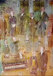 La Fee Electricite, particolare: Ritratti di diversi intellettuali e scienziati: Jules Francois Joubert, Elihu Thomson, Ernst Werner Siemens, Charles Proteus Steinmetz, Marcel Deprez, Gaston Plante, Gabriel Lippmann, John Kerr, Maurice Leblanc, Humphrey Da