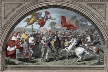 Rappresentazione di Papa Leone I detto il Grande (390-461) contro il capo degli Unni Attila (ca. 395-453) nel 452 a Mantova - Invasioni barbariche - (Papa Leone I il Grande incontra il re degli Unni Attila nel 452) (dopo Raffaello)