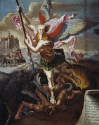 San Michele e il Diavolo, di Raffaello Sanzio, ex-voto di sei pellegrini in pellegrinaggio a Mont Saint-Michel