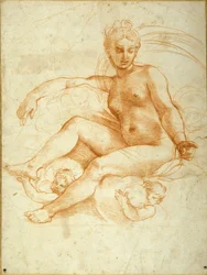 Venere seduta sulle nuvole che punta verso il basso