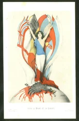 Cartolina, satirico a colori: Per legge e libertà - Guerra del 14-18, Alleati, Bandiere - Illustrazione di Kirchner