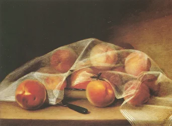 Pezzi di frutta con pesche coperte da un fazzoletto-raphaelle peale
