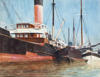 Barche in un porto (gouache su carta)