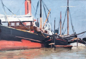 Barche in un porto (olio su tavola)