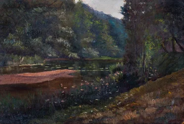 Paesaggio con foresta, stagno e ninfee