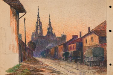 Camion militari in una strada di una città della Francia orientale, 1914-18 circa (matita su carta)