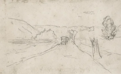 strada con camion ed esplosioni in un campo, 1914-18 circa (disegno)