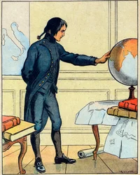 Napoleone Bonaparte (1769-1821), consulta un globo alla scuola di Brienne all