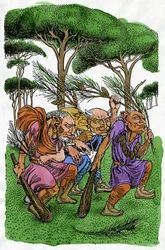 Favole: un gruppo di troll che esegue una danza rituale nella foresta scuotendo rami di pino, illustrazione di Reginald L. Knowles per la raccolta di favole norvegesi "Norse Fairy Tales" di P.C. Asbjornsen e J.I. Moe