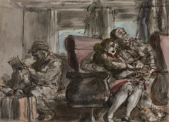 Passeggeri in un vagone ferroviario (acquerello, inchiostro e matita su carta)
