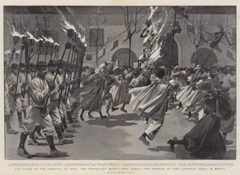 La chiusura del Carnevale a Nizza, la marcia delle fiaccole durante il rogo di Re Carnevale XXVII in effigie (incisione)