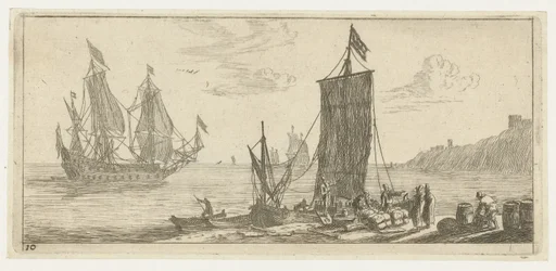 Baia con un hoeker e una nave da guerra