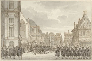Arrivo del Principe Guglielmo V e Frederica Sofia Guglielmina di Prussia al Municipio sulla Piazza Dam ad Amsterdam, 30 maggio 1768