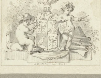 Due putti, con compasso e caduceo, presso lo stemma di Schoemaker