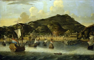 Navi olandesi al largo della costa di Tripoli (Libia), con le mura fortificate del porto e della città