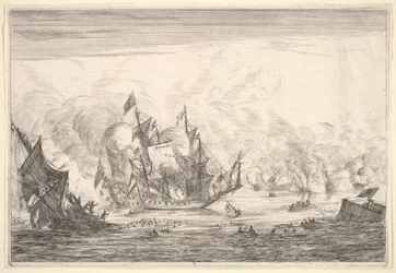 Battaglia navale con una nave inglese che affonda a sinistra, da Battaglie navali Nieuwe Sc..., 1652-54