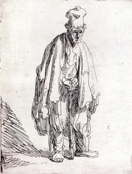 Mendicante con cappello alto in piedi