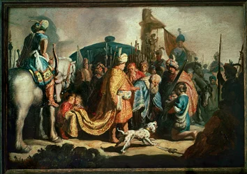 Davide offre la testa di Golia al re Saul (dipinto su tela)