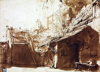 Casa colonica in luce e ombra - Rembrandt van Rhijn (1606-1669) - 1635-1636 - Penna, pennello, colore bruno su carta - 16,2x22,5 cm - Szépművészeti Múzeum, Budapest
