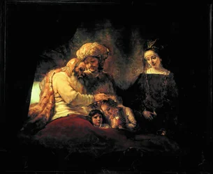 Giacobbe benedice i nipoti Efraim e Menassein alla presenza dei genitori Giuseppe e Anasth (dipinto su tela)