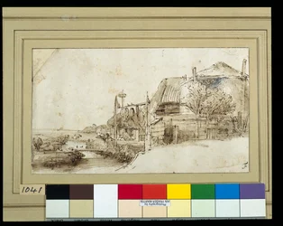 Paesaggio con edifici agricoli a destra
