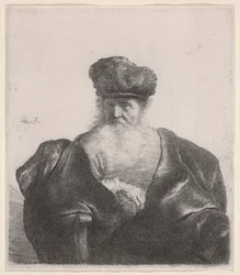 Vecchio con barba fluente, berretto di pelliccia e mantello di velluto