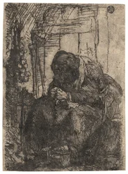 Vecchia donna seduta in una casetta con un filo di cipolle sul muro, 1629 circa (acquaforte)