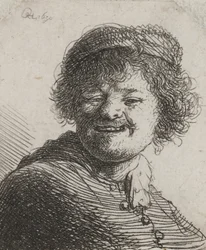 Rembrandt con un berretto, ridendo: busto