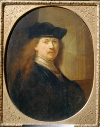 Rembrandt con un cappello da cuoco su uno sfondo architettonico ...