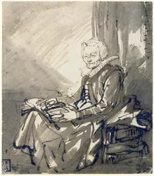 Donna con un libro aperto sulle ginocchia, 1639 circa (penna, pennello, colore grigio e marrone, acquerello su carta)