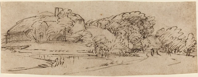 Paesaggio con edifici agricoli tra gli alberi