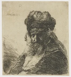 Vecchio barbuto con cappello di pelliccia alto, con occhi chiusi