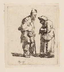 Mendicante uomo e mendicante donna che conversano