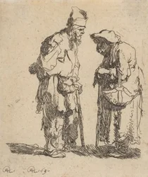 Uomo mendicante e donna mendicante che conversano