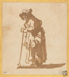 Mendicante appoggiata a un bastone