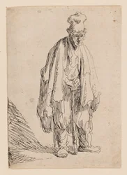 Mendicante con cappello alto, in piedi e appoggiato a un bastone