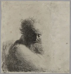 Busto di un anziano, con lo sguardo rivolto verso il basso, di tre quarti a destra