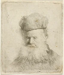 Busto di un vecchio con cappello di pelliccia e barba fluente, quasi di fronte