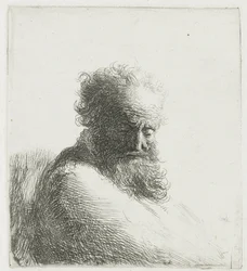 Busto di un vecchio barbuto, guardando in basso, tre quarti a destra
