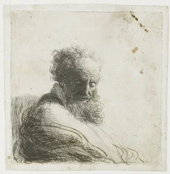 Busto di un vecchio barbuto, guardando in basso, tre quarti a destra